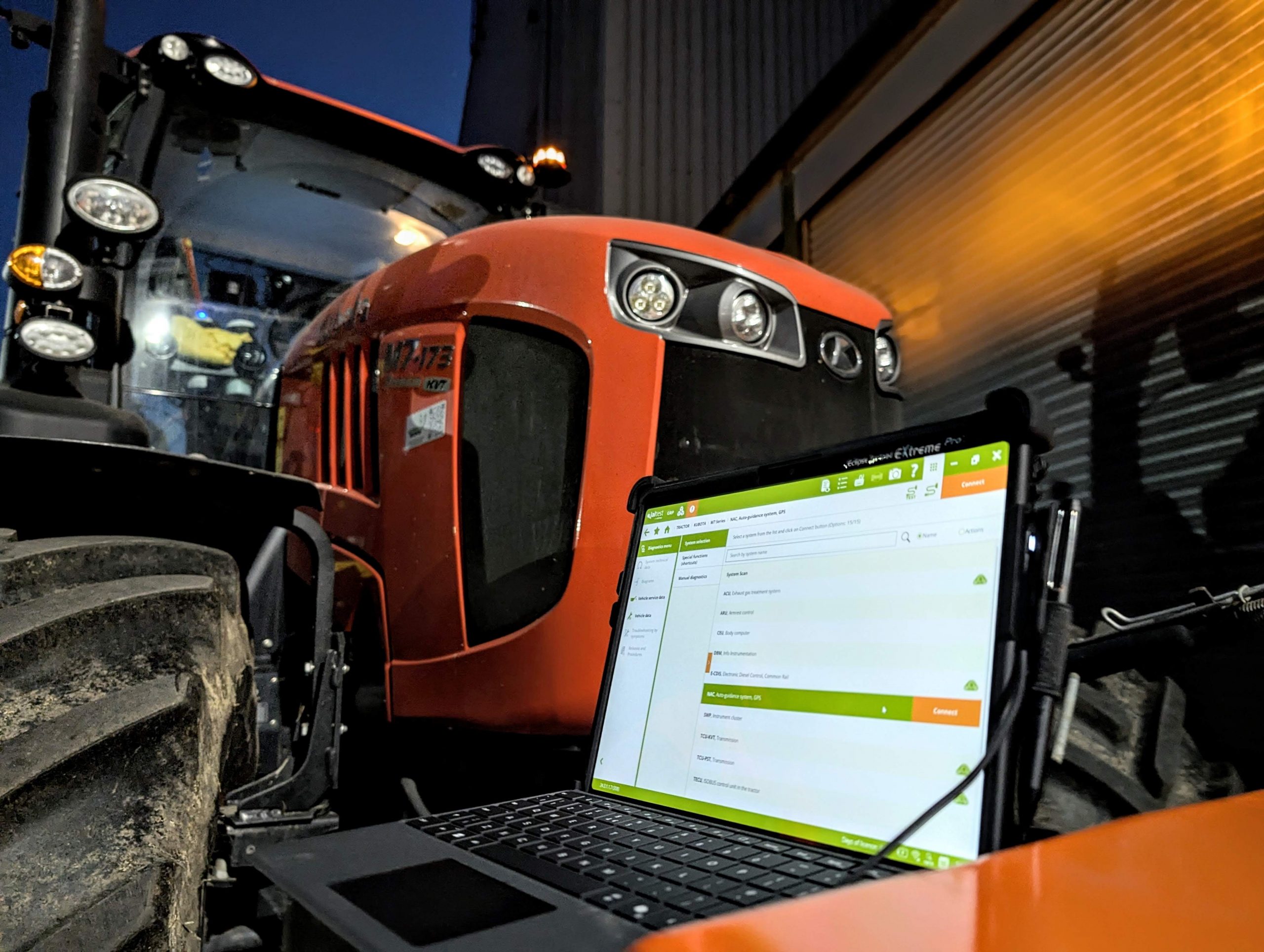 Jaltest diagnostics computer/tablet on a Kubota M7 Tractor supplied by George Browns Ltd. on-site tractor diagnostics Buckinghamshire.